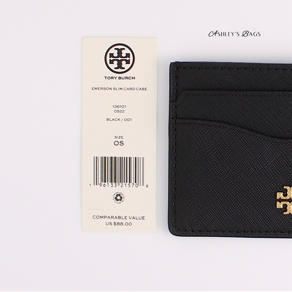 Tory Burch Emerson Saffiano Leather Shoulder Bag & Card Holder Wallet In Black - Picture 13 of 13